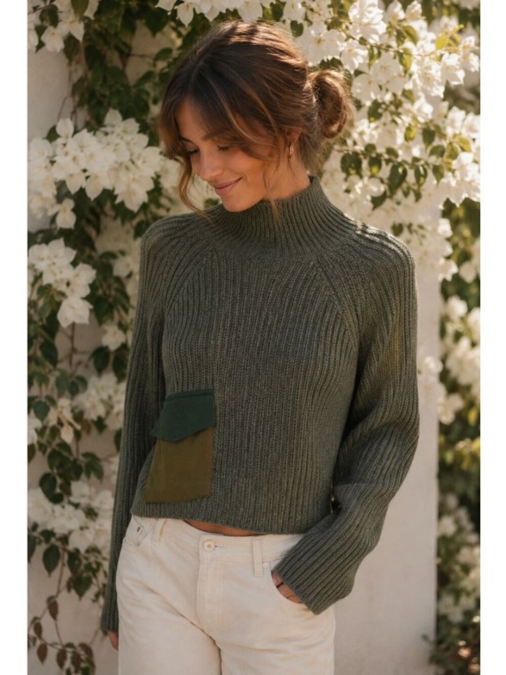Zara Green Pocket Sweater Mockneck Knit Size M Utility Chic Gorpcore Cozy Earthy